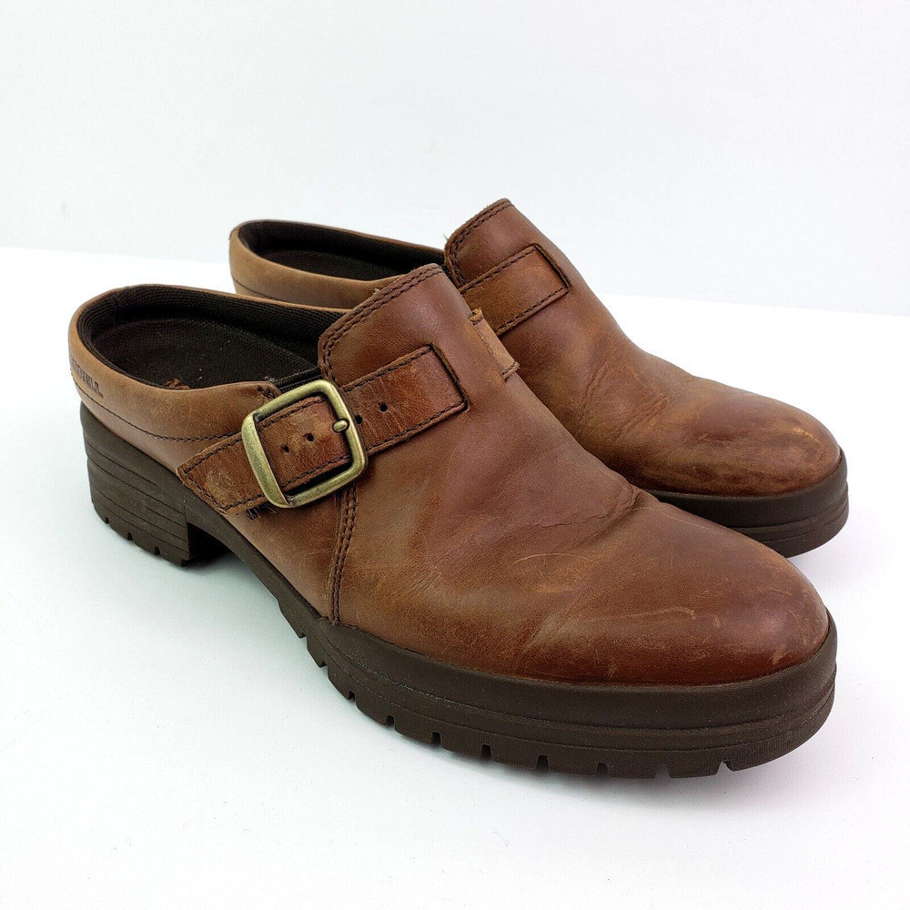 Merrell Shilo Womens Size 7.5 Oak Brown Leather Slip On Mule Clog Shoes J00914